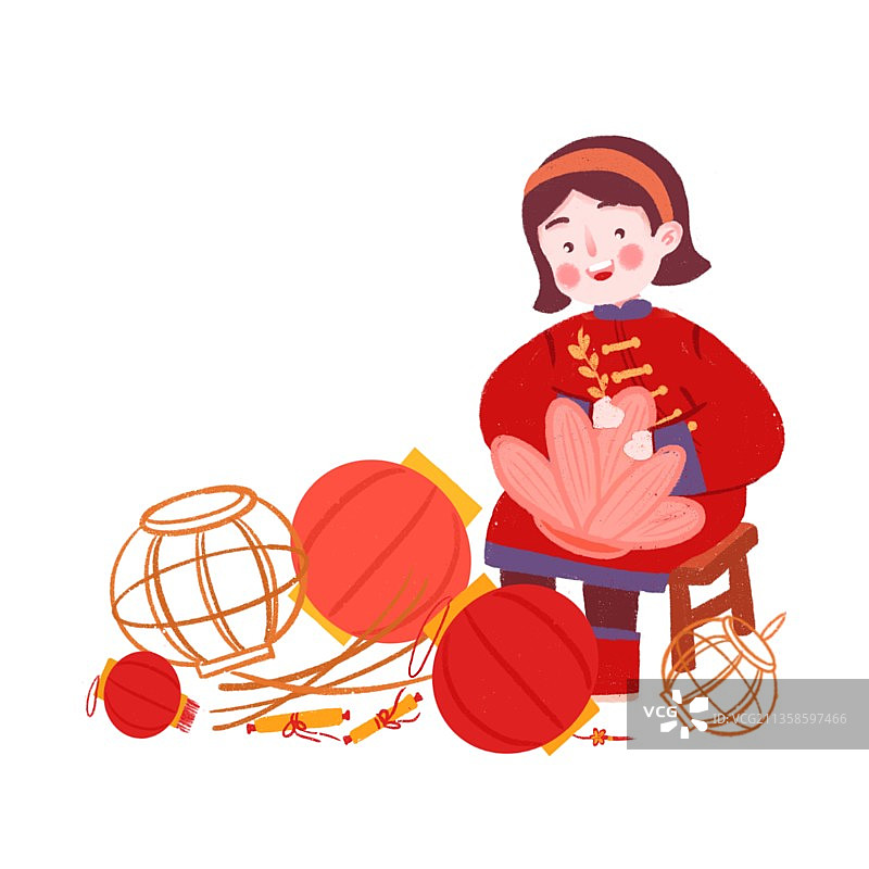 插画,年俗,正月十二,造灯棚,造灯笼,灯笼,花灯,女人,坐着图片素材