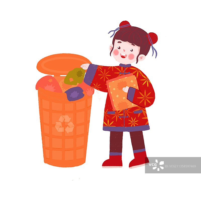 插画,年俗,大年初六,送穷神,扔掉,破旧衣服,回收,春节,图片素材