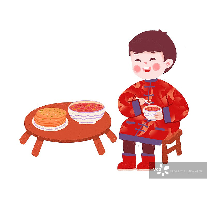 插画,年俗,大年初七,春节,新年,吃煎饼,七宝羹,人庆节,图片素材