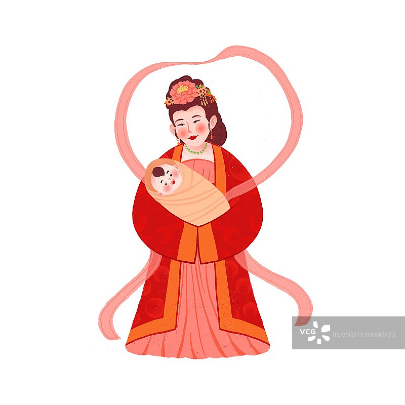 插画,年俗,正月十四,临水娘娘,诞辰,顺天圣母,保护神,婴儿图片素材