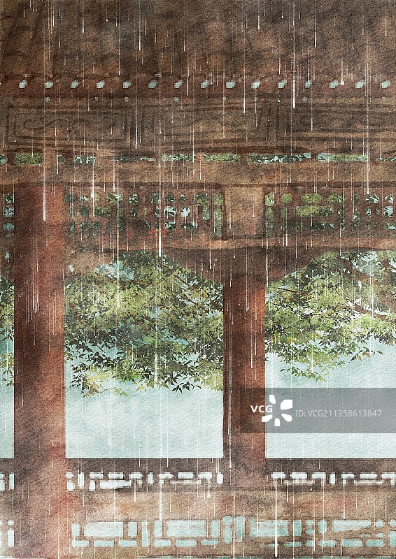 水彩雨天走廊风景图片素材