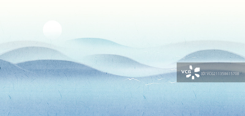 新中式风格蓝色风景插画图片素材