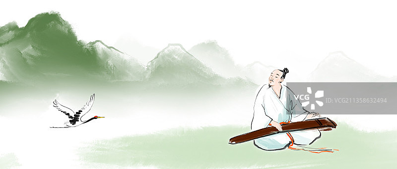 古琴仙鹤诗人水墨中国画中国风传统文化插图图片素材