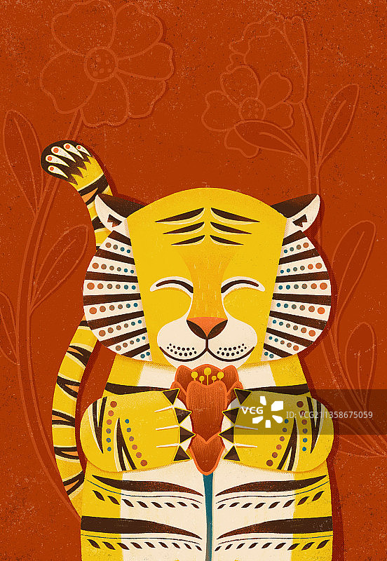 5月老虎与石榴花复古机理背景图片素材