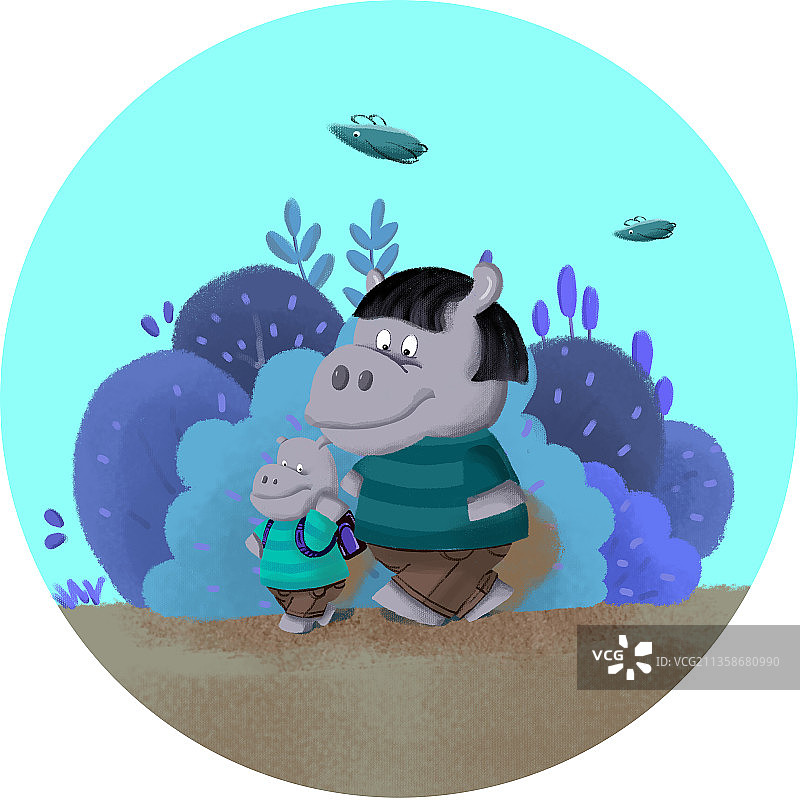 河马带孩子上学图片素材