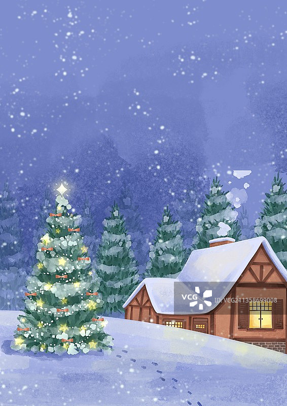 水彩圣诞节夜晚雪景图片素材