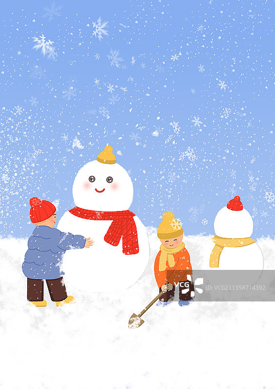 两个在堆雪人的小朋友图片素材