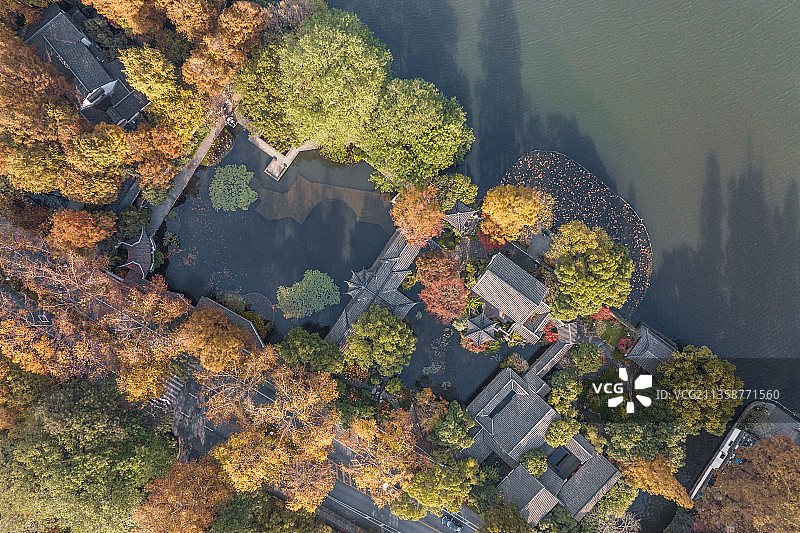 杭州西湖郭庄秋日风光航拍图片素材