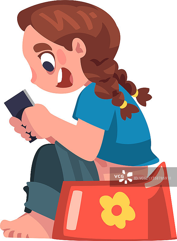 沉迷于电子设备坐在便盆上的女孩图片素材