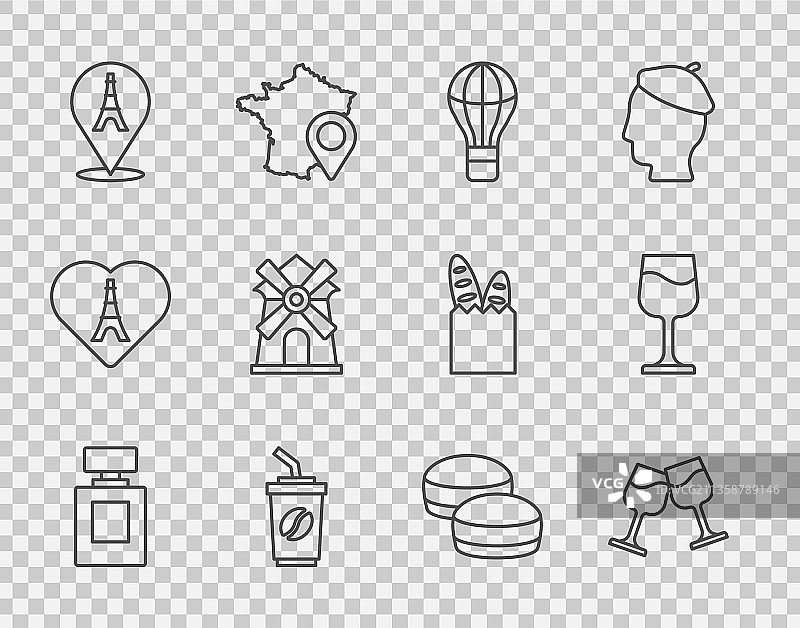 香水、葡萄酒杯和热气球线条组合图片素材