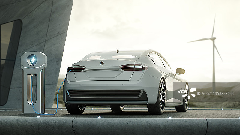 使用风力涡轮机为电动汽车充电图片素材