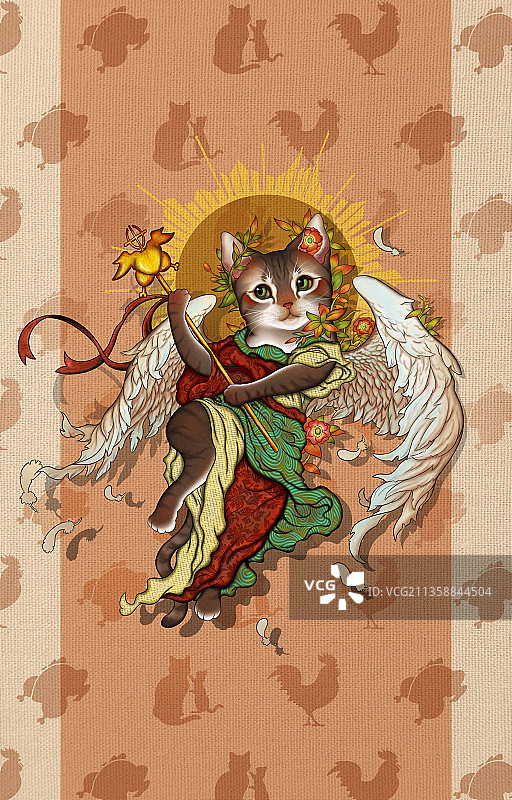 复古猫咪天使插画图片素材