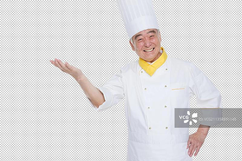 穿着厨师服的老年男人做手势图片素材