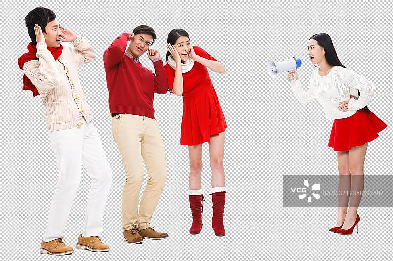 一个年轻女人拿着扩音器对着三个人呼喊图片素材