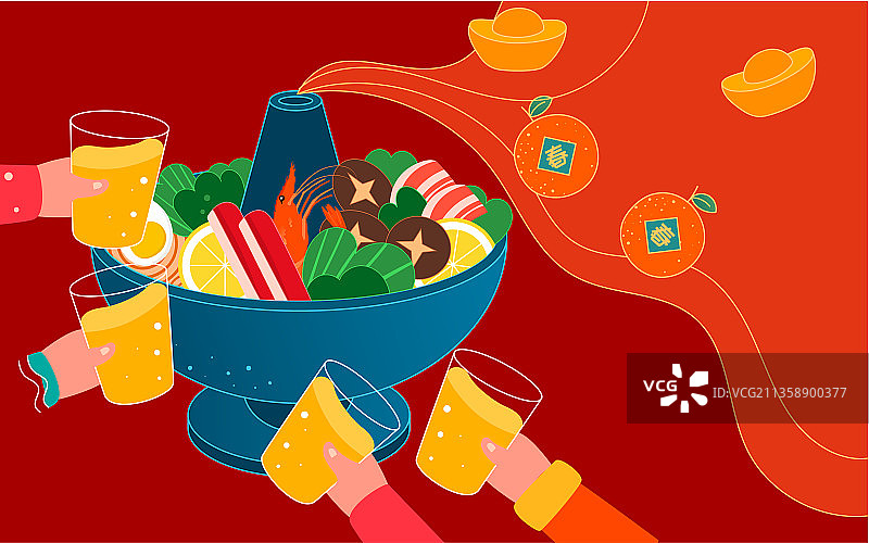 春节年夜饭聚餐插画除夕节日火锅美食海报图片素材