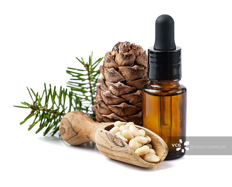 瓶子和树叶特写，白色背景图片素材