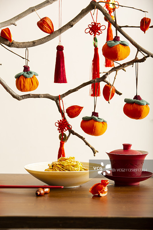 春节美食系列万事如意，乾隆白菜和茶静物图片素材