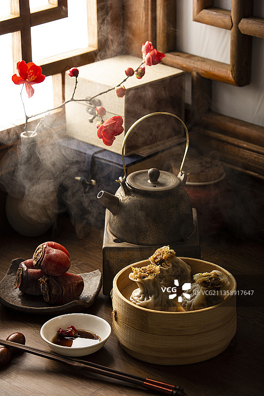 春节系列烧麦、柿饼和茶道静物图片素材