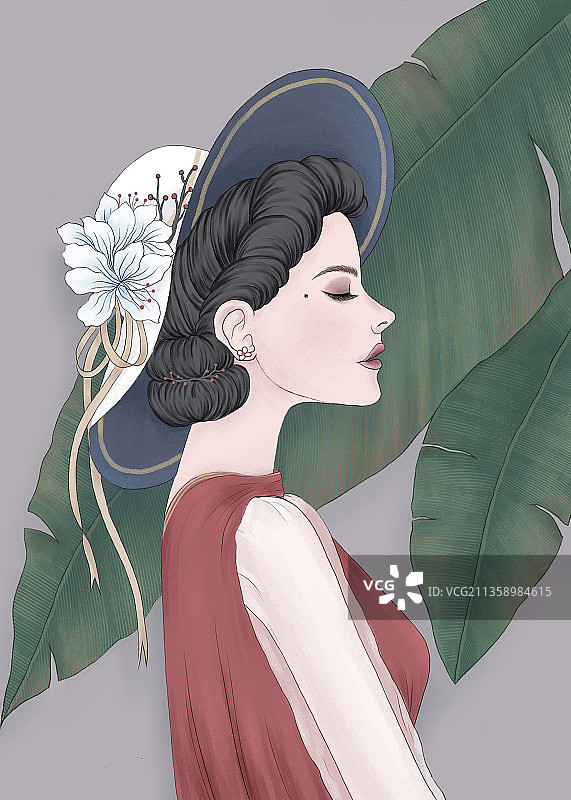 原创手绘复古优雅的戴帽子女士与芭蕉叶插画图片素材