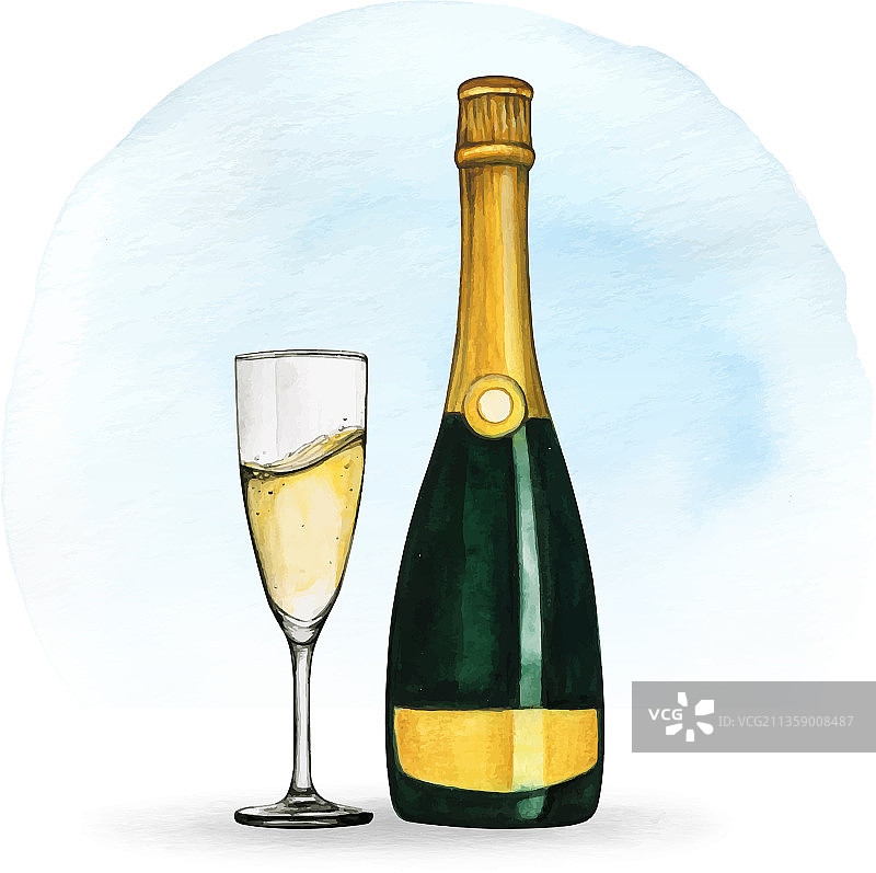 水彩手绘优雅酒瓶和葡萄酒图片素材