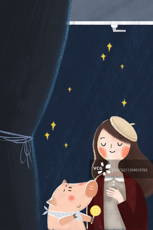 星光下的女孩和暖心猪猪图片素材