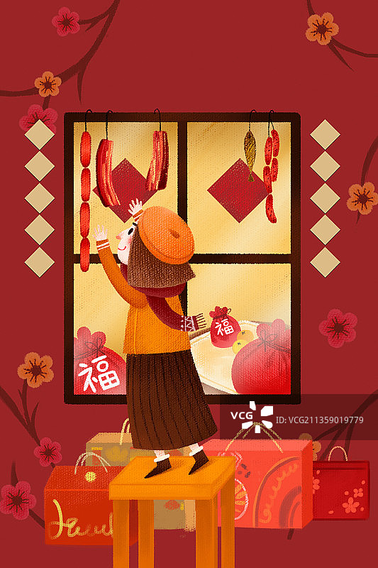 贴窗花的小女孩图片素材