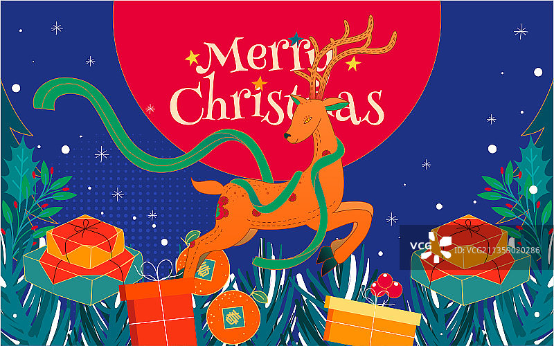 圣诞节麋鹿背景插画国潮冬天圣诞树装饰海报图片素材