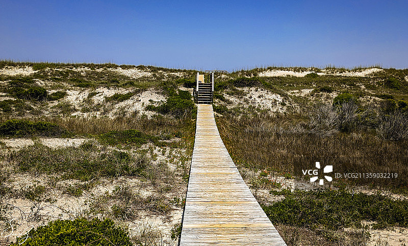田野中的木板路与晴朗天空图片素材