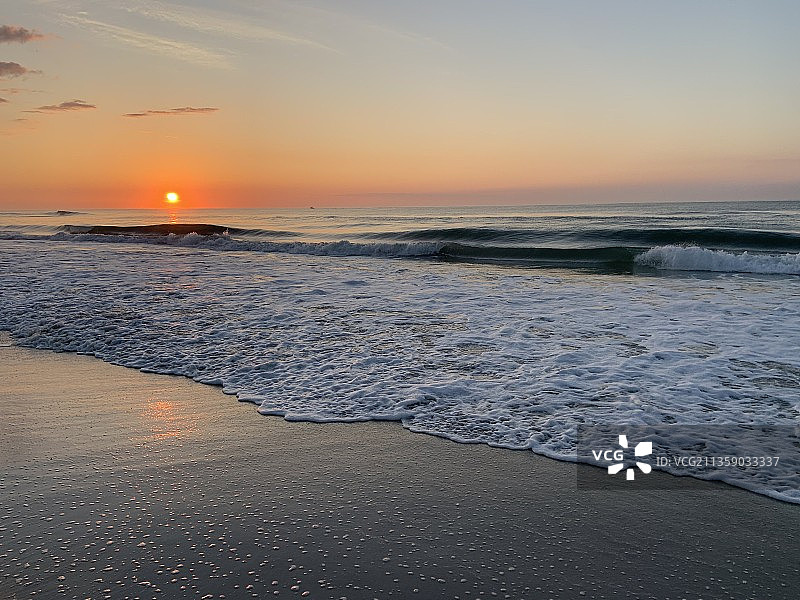 美国北卡罗来纳州赖茨维尔海滩日落时分的海景图片素材
