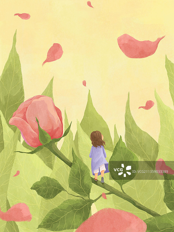 玫瑰花上的女孩插画图片素材