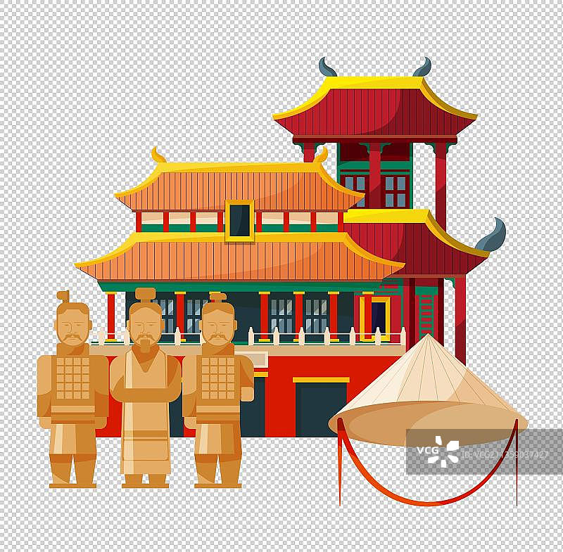 卡通宫殿中的兵马俑元素图片素材