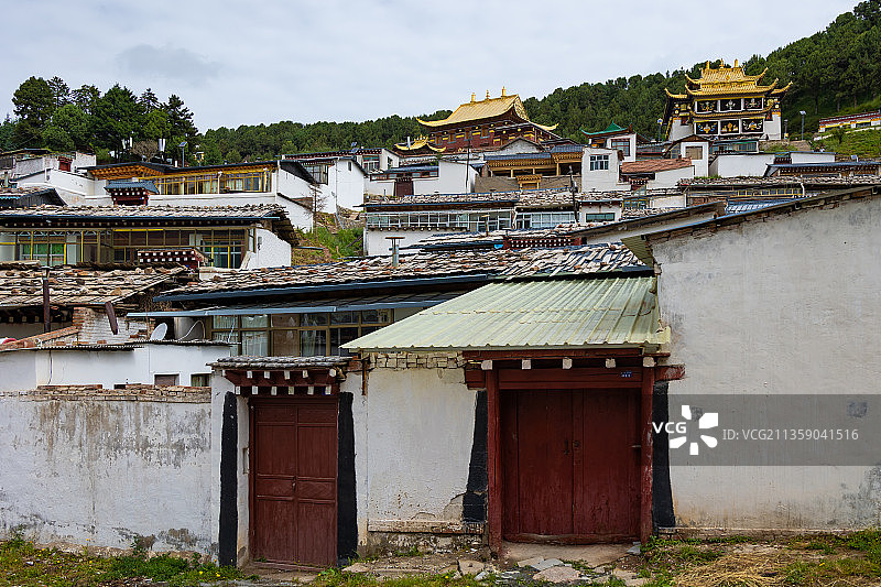 晴朗多云的天气，甘肃甘南碌曲郎木寺，寺庙的传统建筑。图片素材