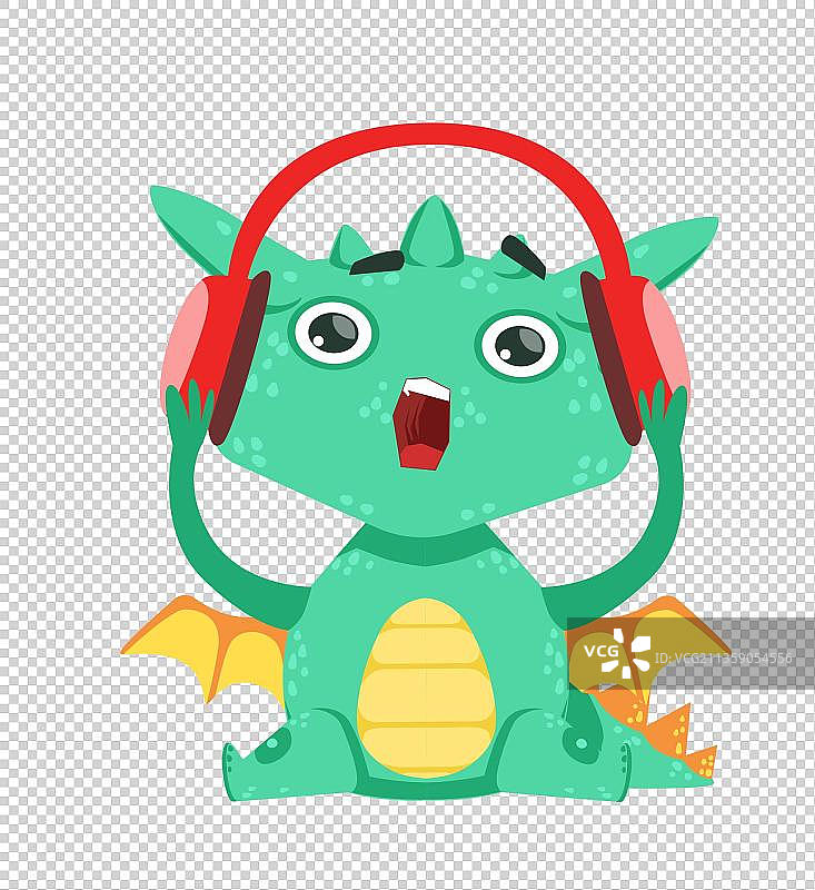 手绘卡通听音乐的翼龙图片素材