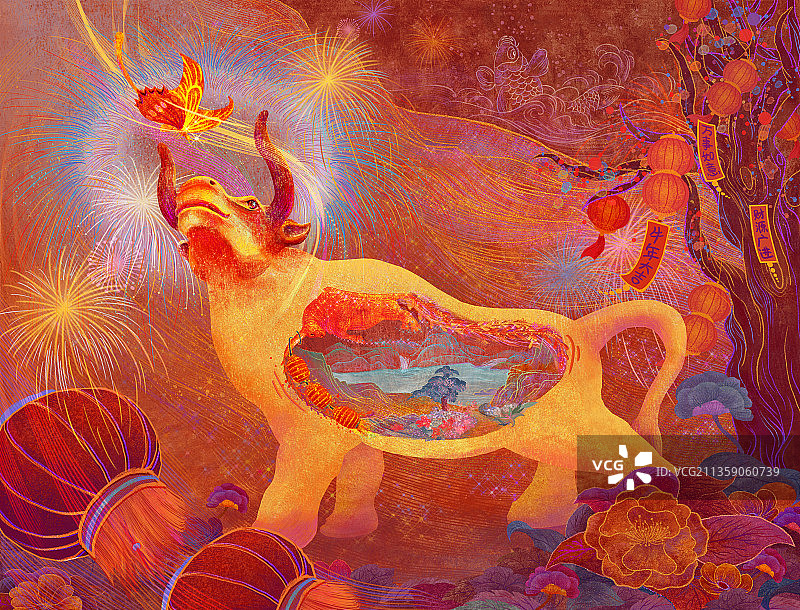 插画 春节 牛 蝴蝶 灯笼 树 中国风 红色 花 热闹 庆祝图片素材