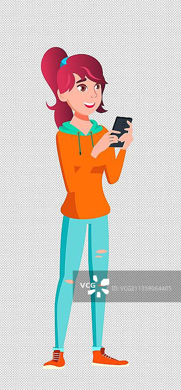 漫画风玩手机的女孩图片素材