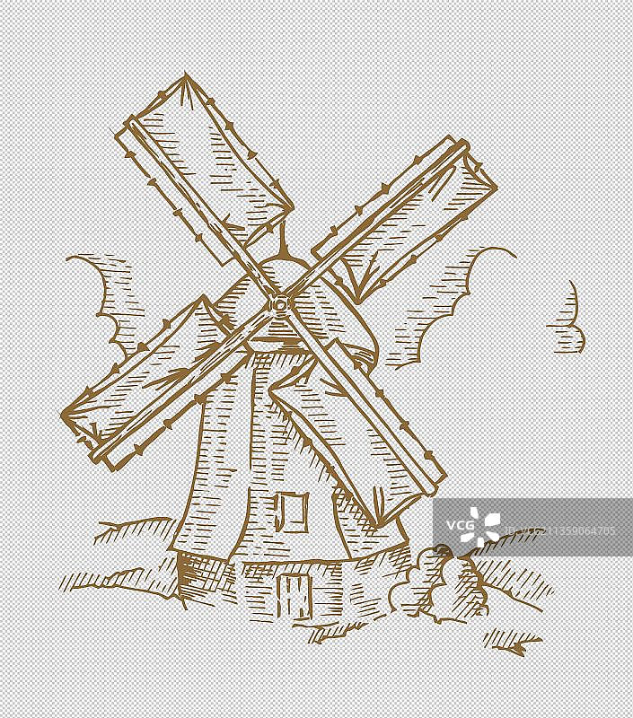 简笔画风车房子元素图片素材