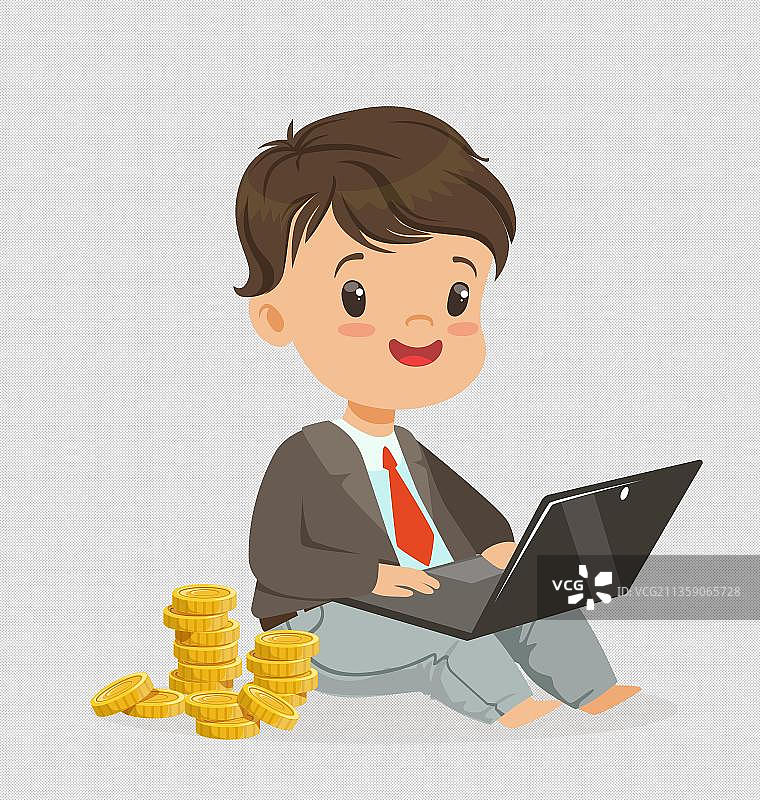拿着电脑边上摆满金币的男人图片素材