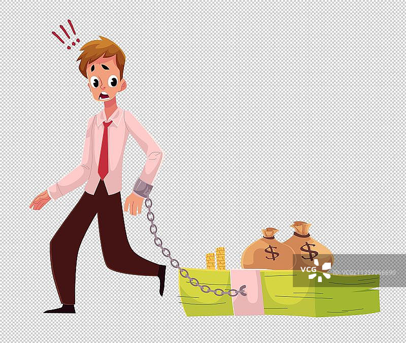 手铐拖着一大推钱财的男人图片素材