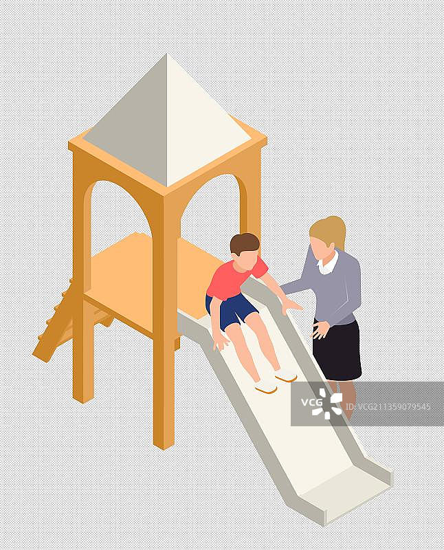 母子玩滑滑梯免扣元素图片素材