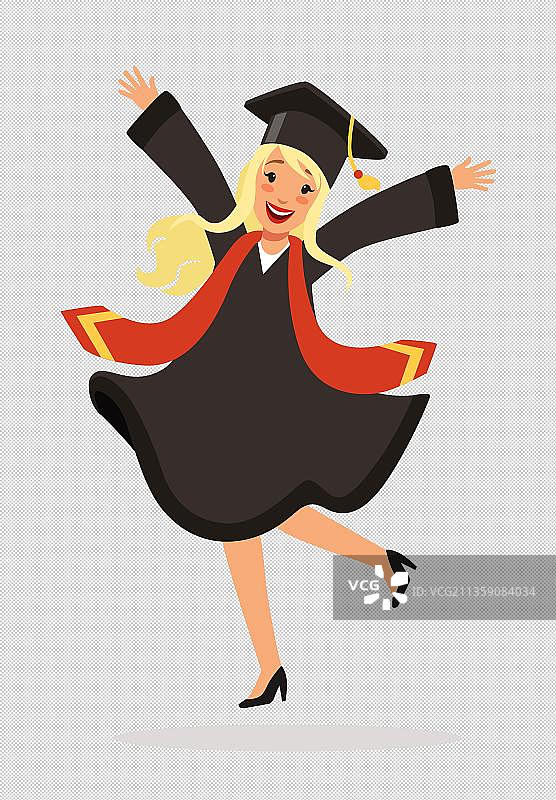 双手高举的毕业季金发女孩手绘图片素材