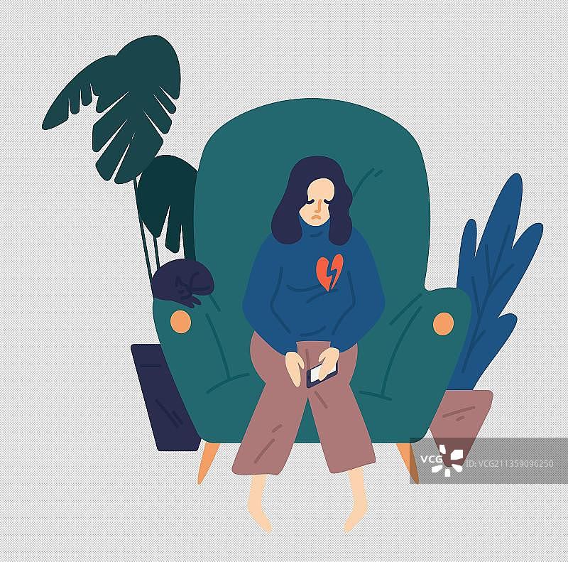 扁平风坐沙发伤心的女孩图片素材