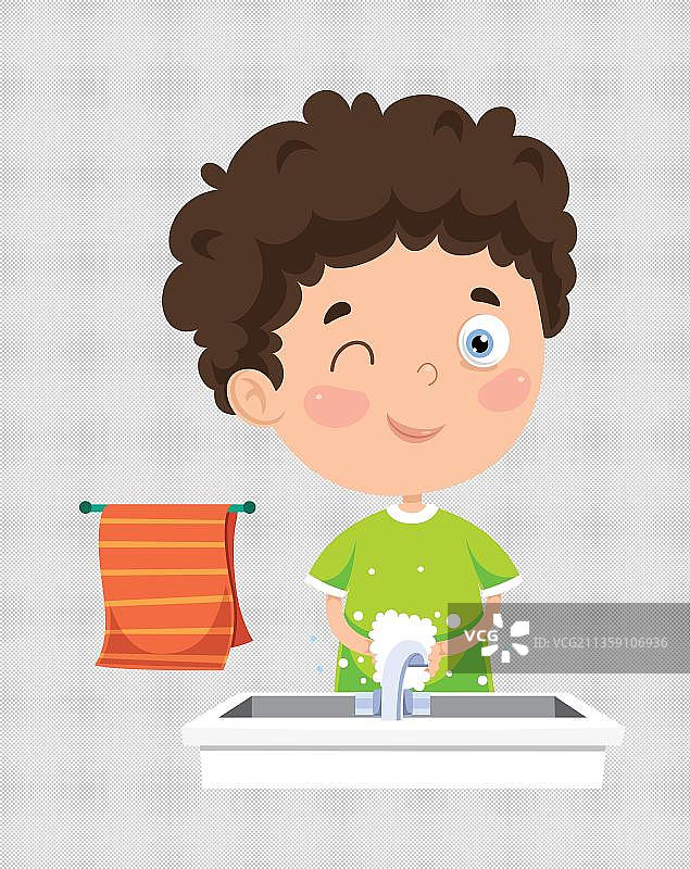 正在洗手的穿绿衣服的男孩图片素材