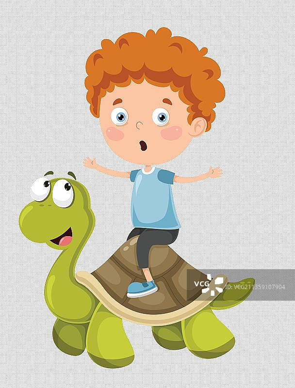 坐在乌龟壳上的男孩图片素材
