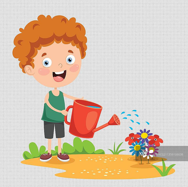 男孩拿着红色的水壶给小花浇水图片素材
