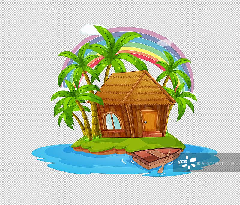 海岛上的茅草屋跟彩虹图片素材