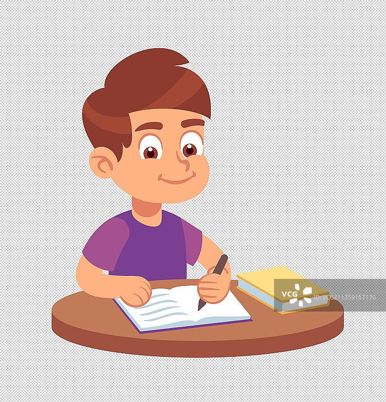 手绘卡通男孩写作业图片素材