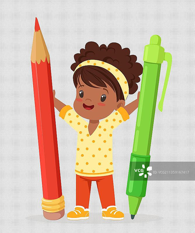 黑人女孩两手拿彩色笔图片素材