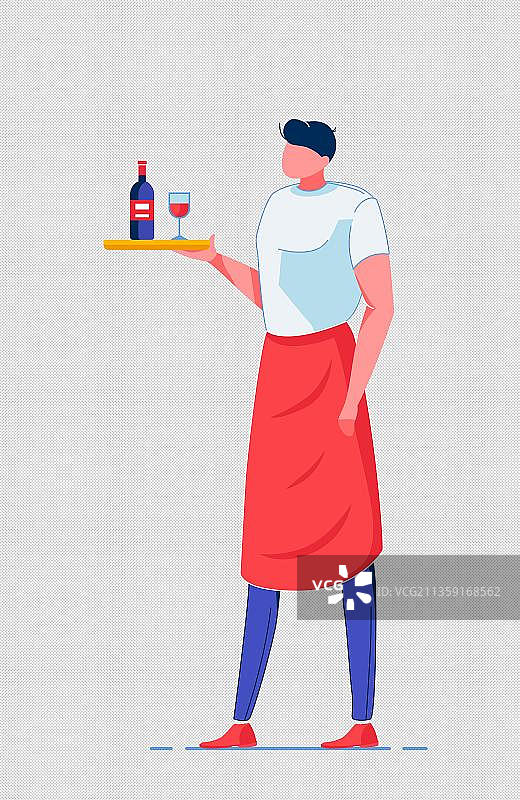 手绘卡通端着红酒的服务员图片素材
