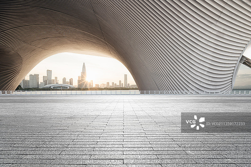 现代建筑拱门砖地广场路面城市天际线图片素材