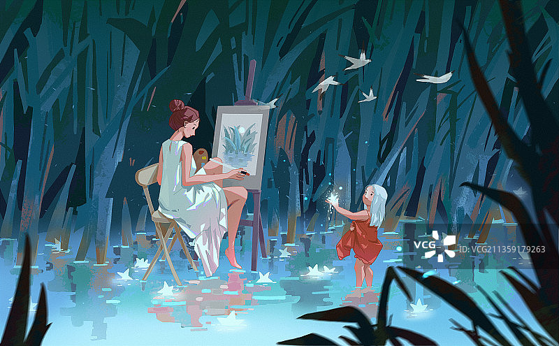 宁静的夜晚-我画画，你拾星星图片素材